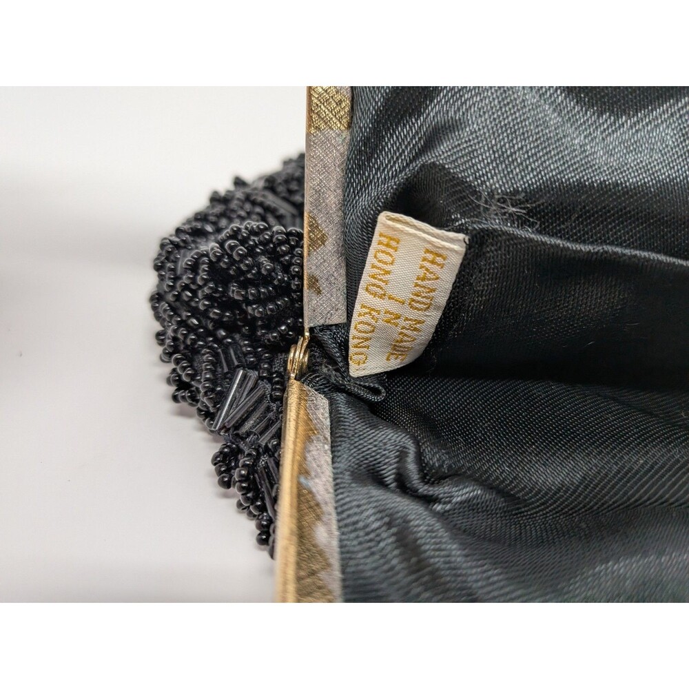 Vintage Black Beaded Evening Bag Handmade Hong Kong Gold Kiss Clasp Old Money - Picture 6 of 9